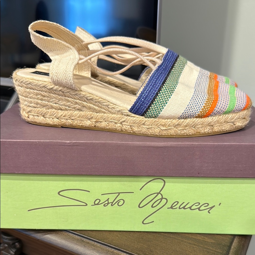 Sesto Meucci Cream and Blue Espadrilles with Jute Sole